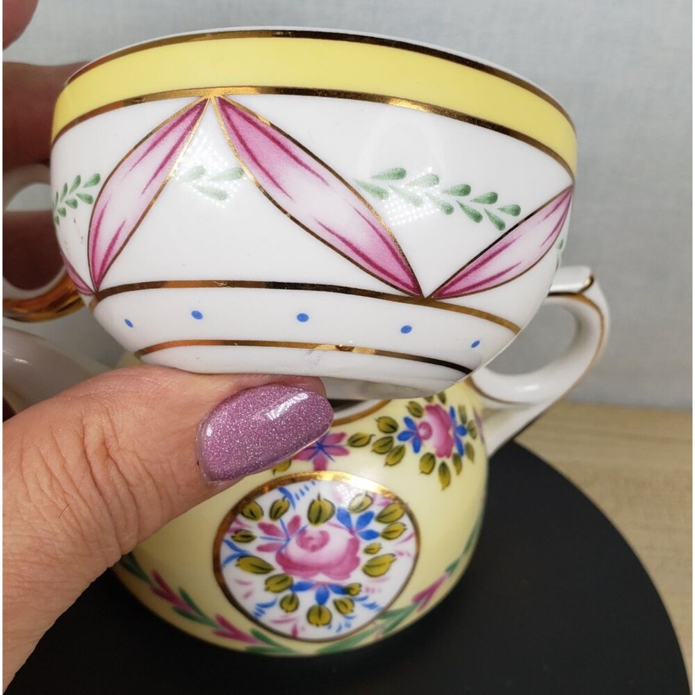 Vintage Nantucket Single Serve Teapot With Lid And Teacup Yellow Floral 4” Tall - Picture 12 of 16